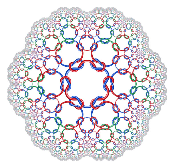 Digital art print of a fractal arrangement of strands linked using square knots.